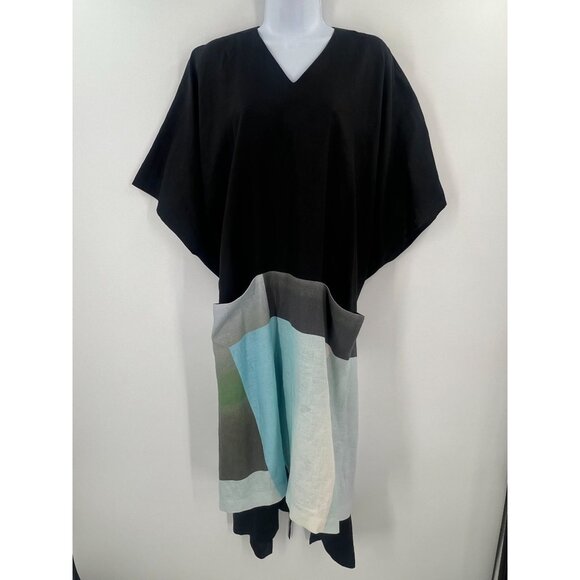 Anchovy Women OS Linen Black Colorblock Kaftan‎ Dress Poncho Oversize V-Neck - Picture 9 of 9